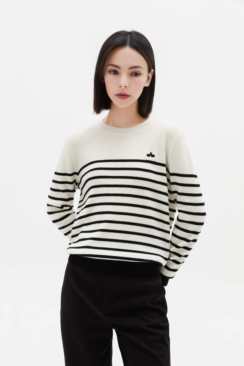 All-Wool Vintage Striped Embroidered Knit Top | LILY ASIA