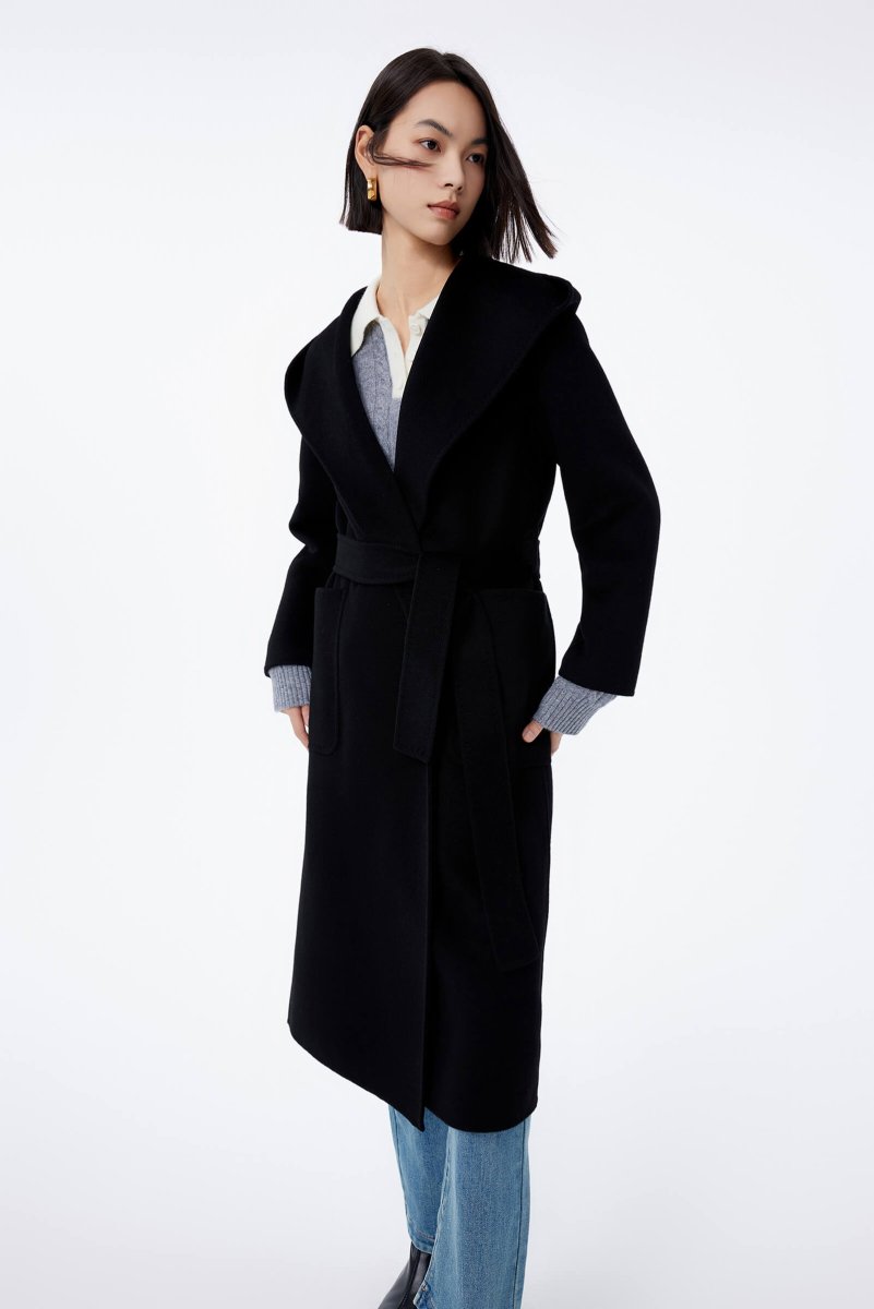 Black Full Wool Hooded Coat | LILY ASIA
