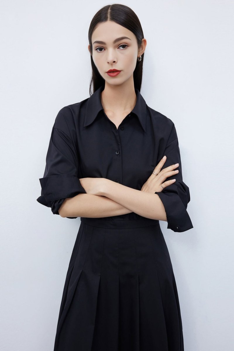 Pleated Shirt-Style Midi Dress | LILY ASIA